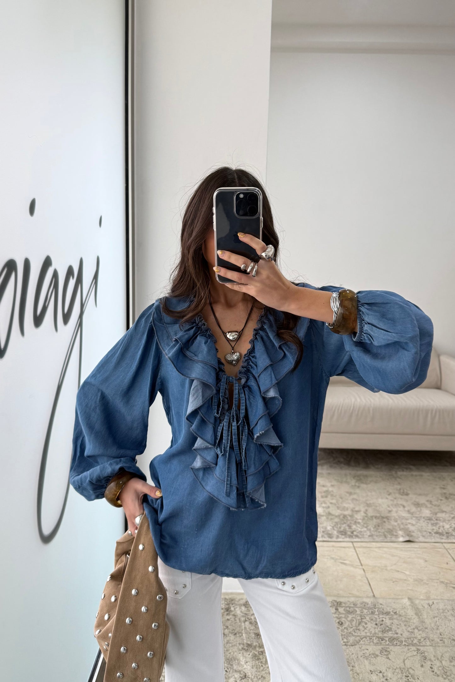 Denim Ruffled Blouse