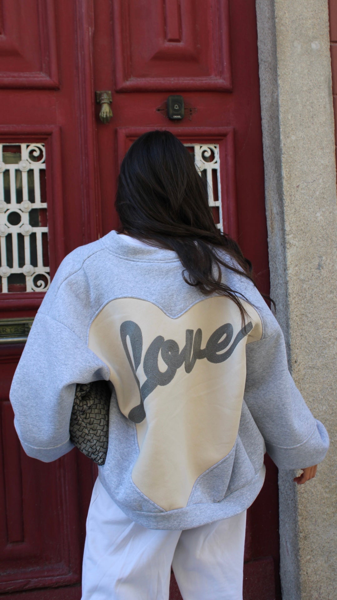 Love Back Bomber Jacket in Grey & Beige
