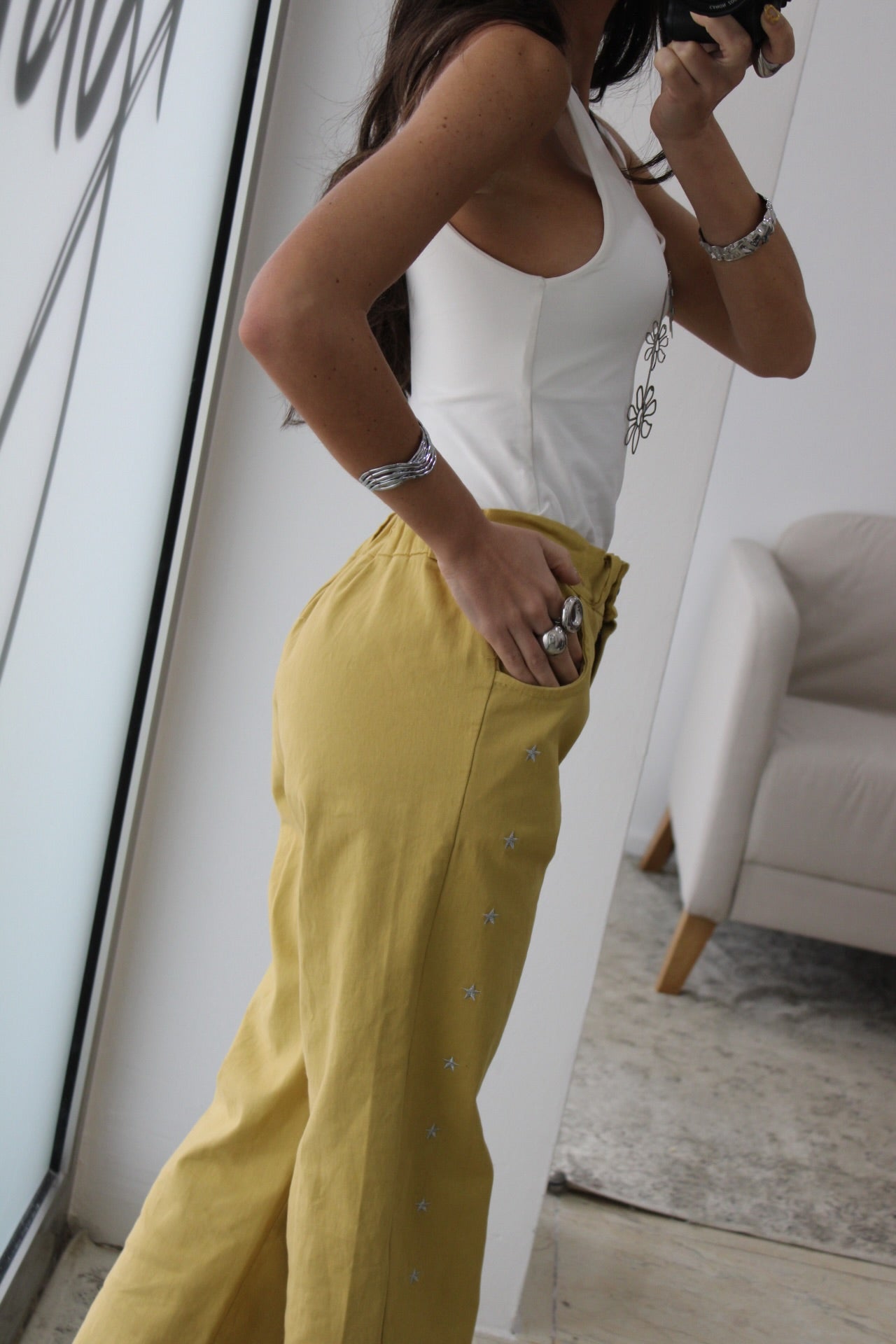 Mustard Jeans with Embroidered Details