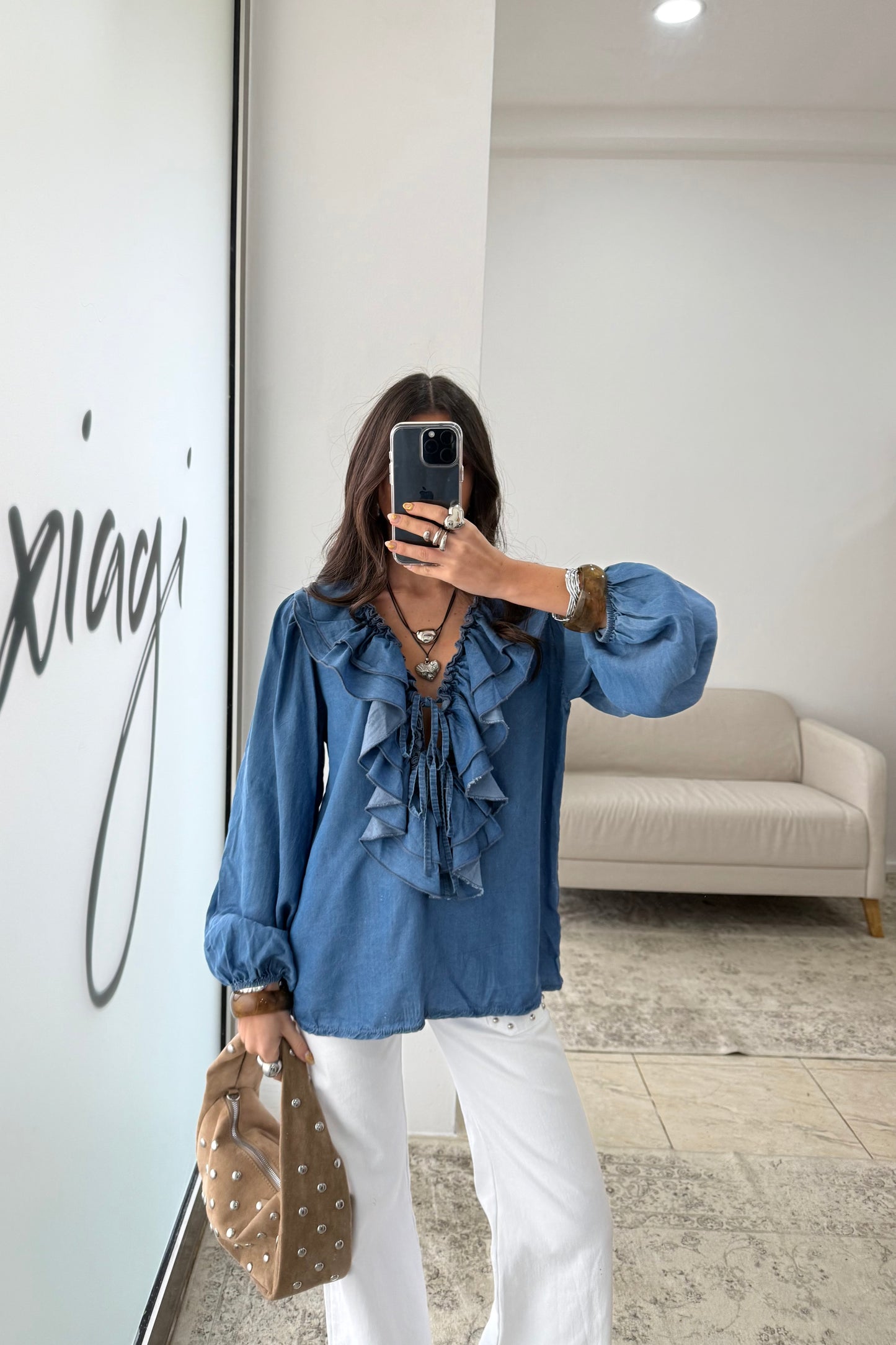 Denim Ruffled Blouse