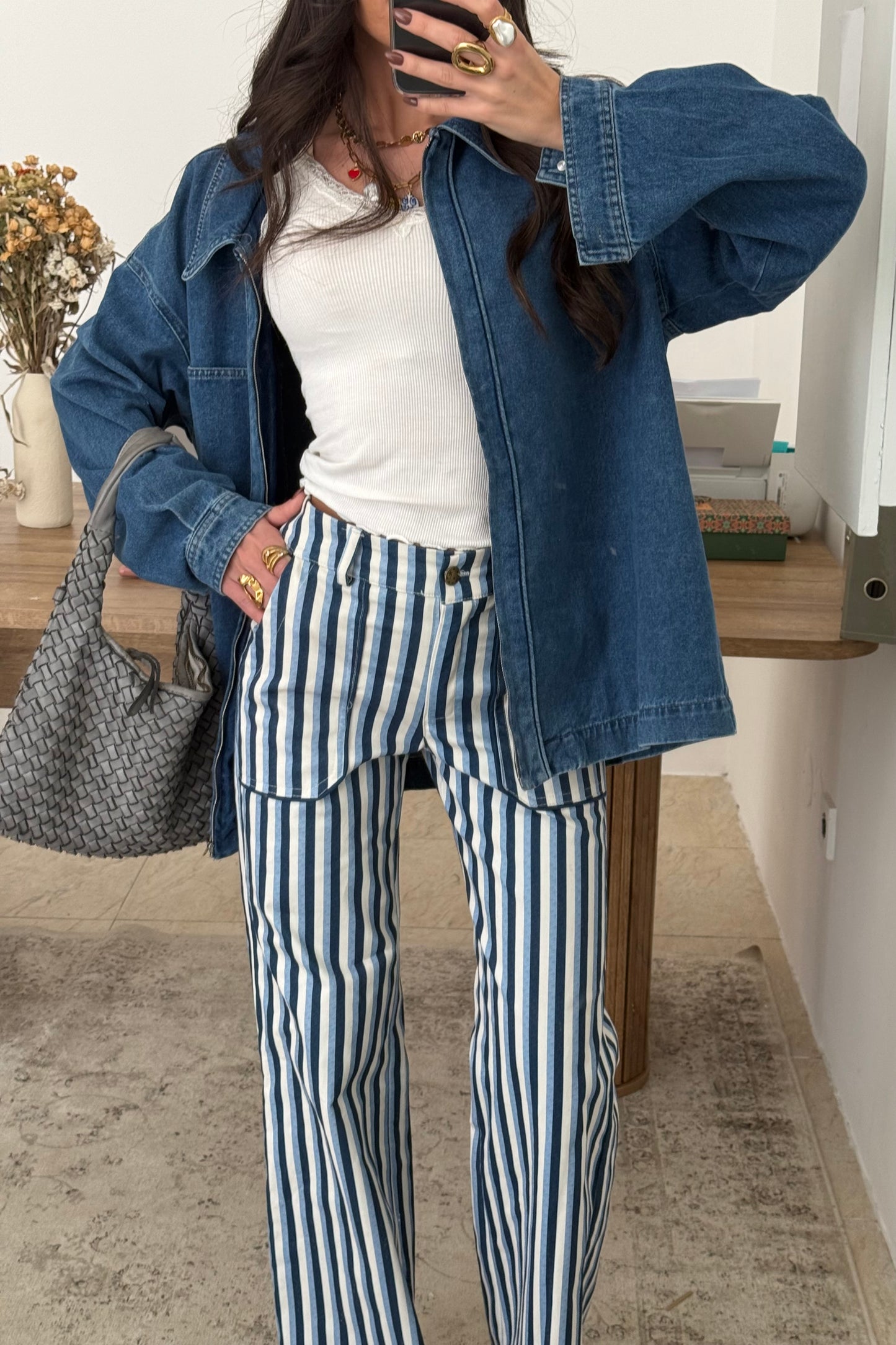 Blue Striped Pants with Front Pockets