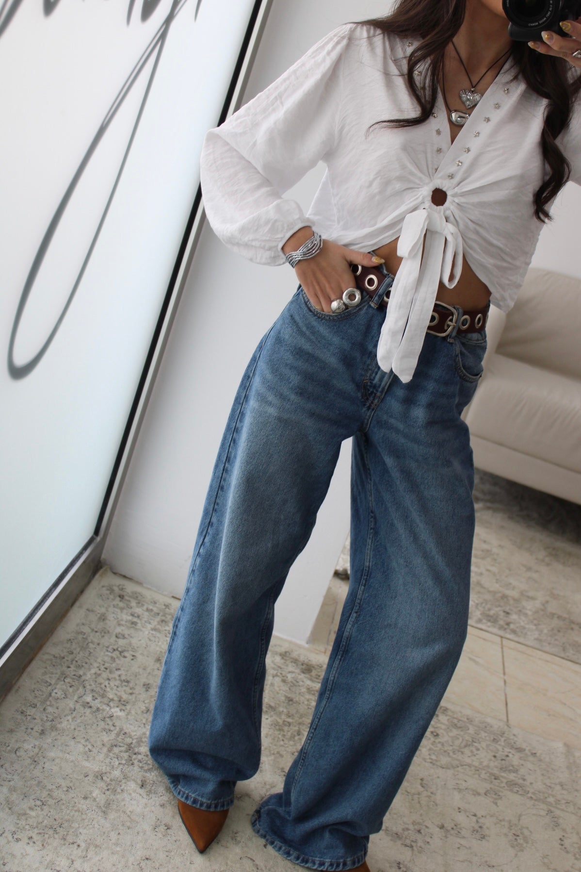 Cropped Top with Star Studs In White