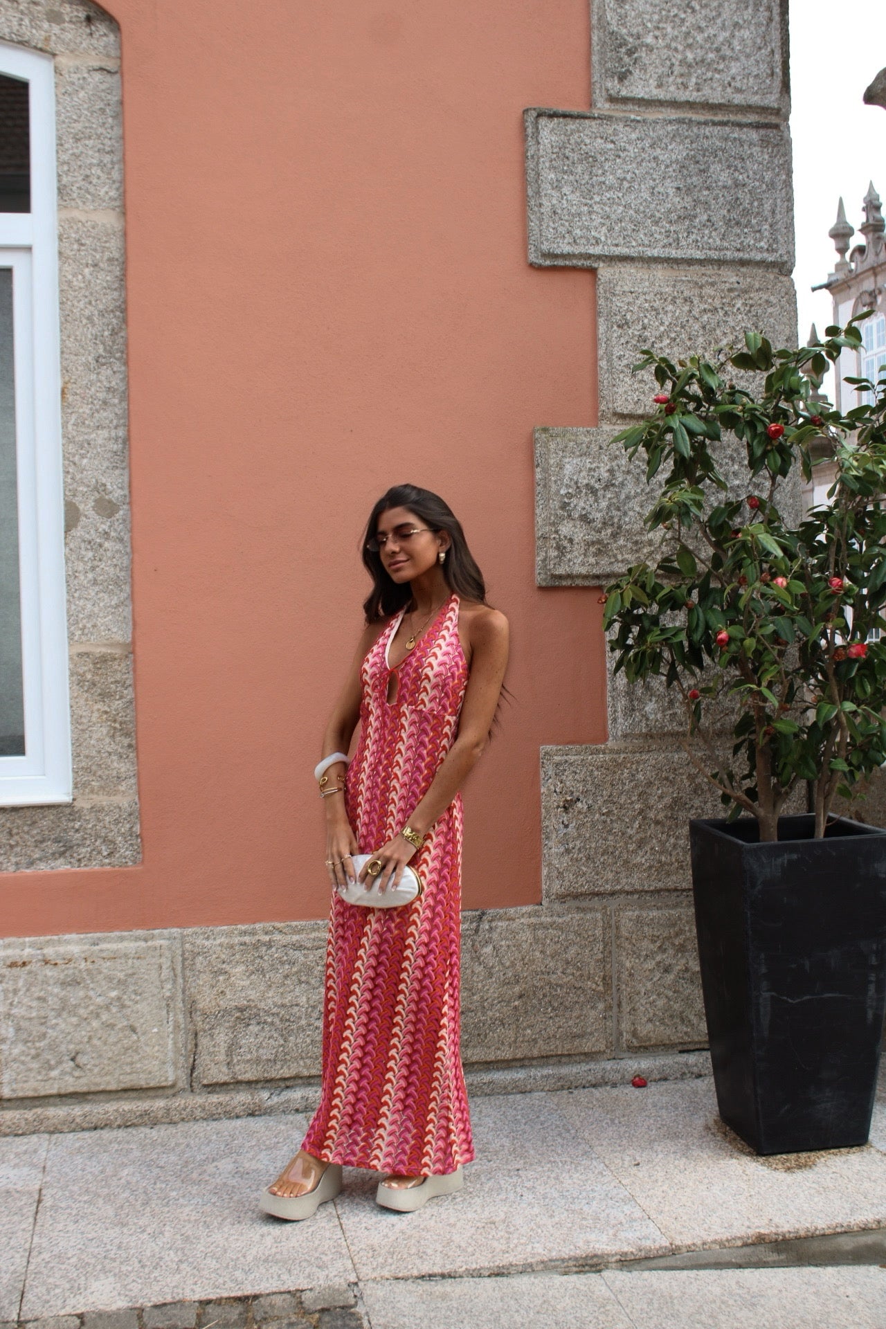 Maxi Crochet Dress in Vibrant Shades of Red and Pink