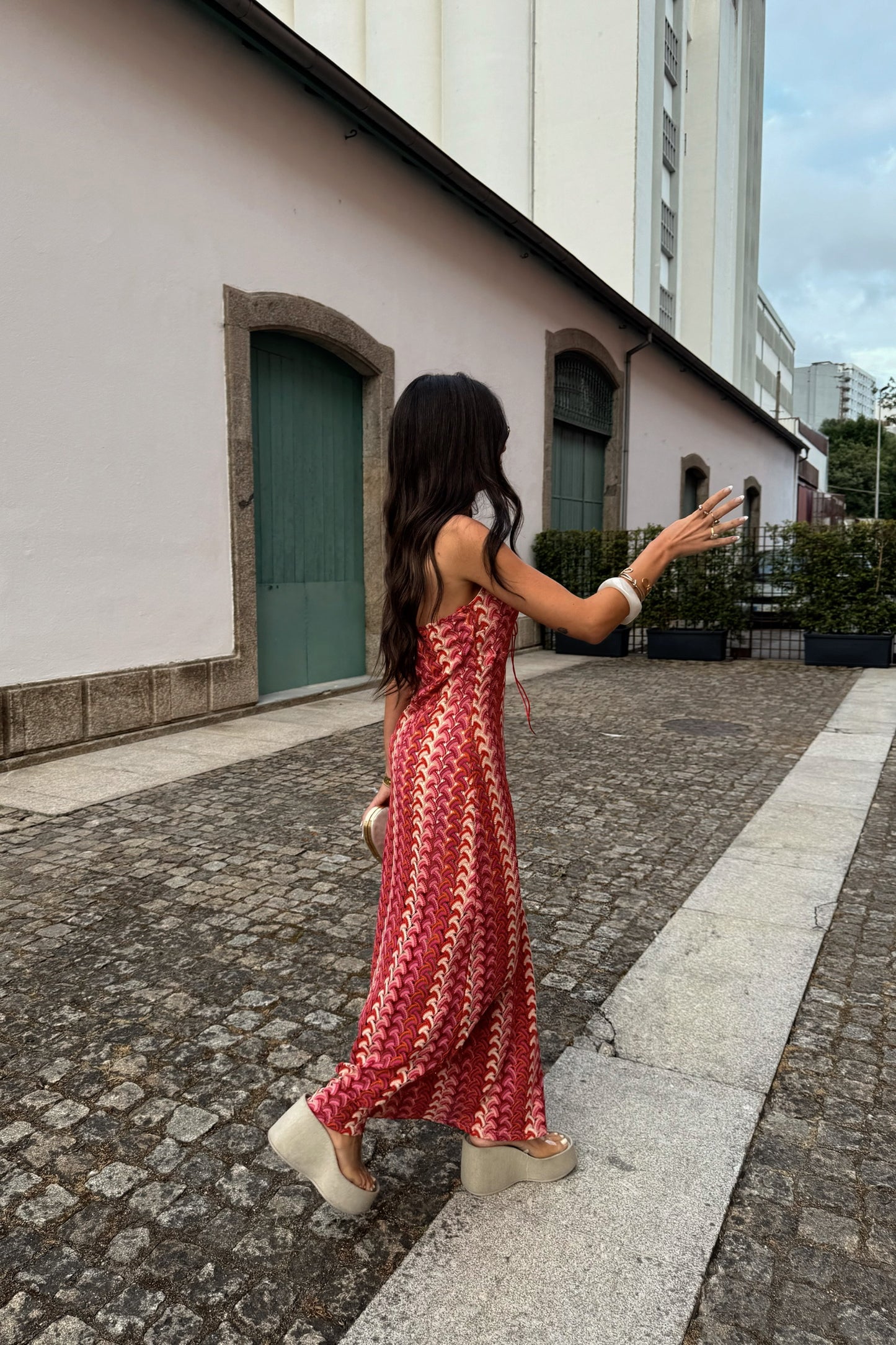 Maxi Crochet Dress in Vibrant Shades of Red and Pink