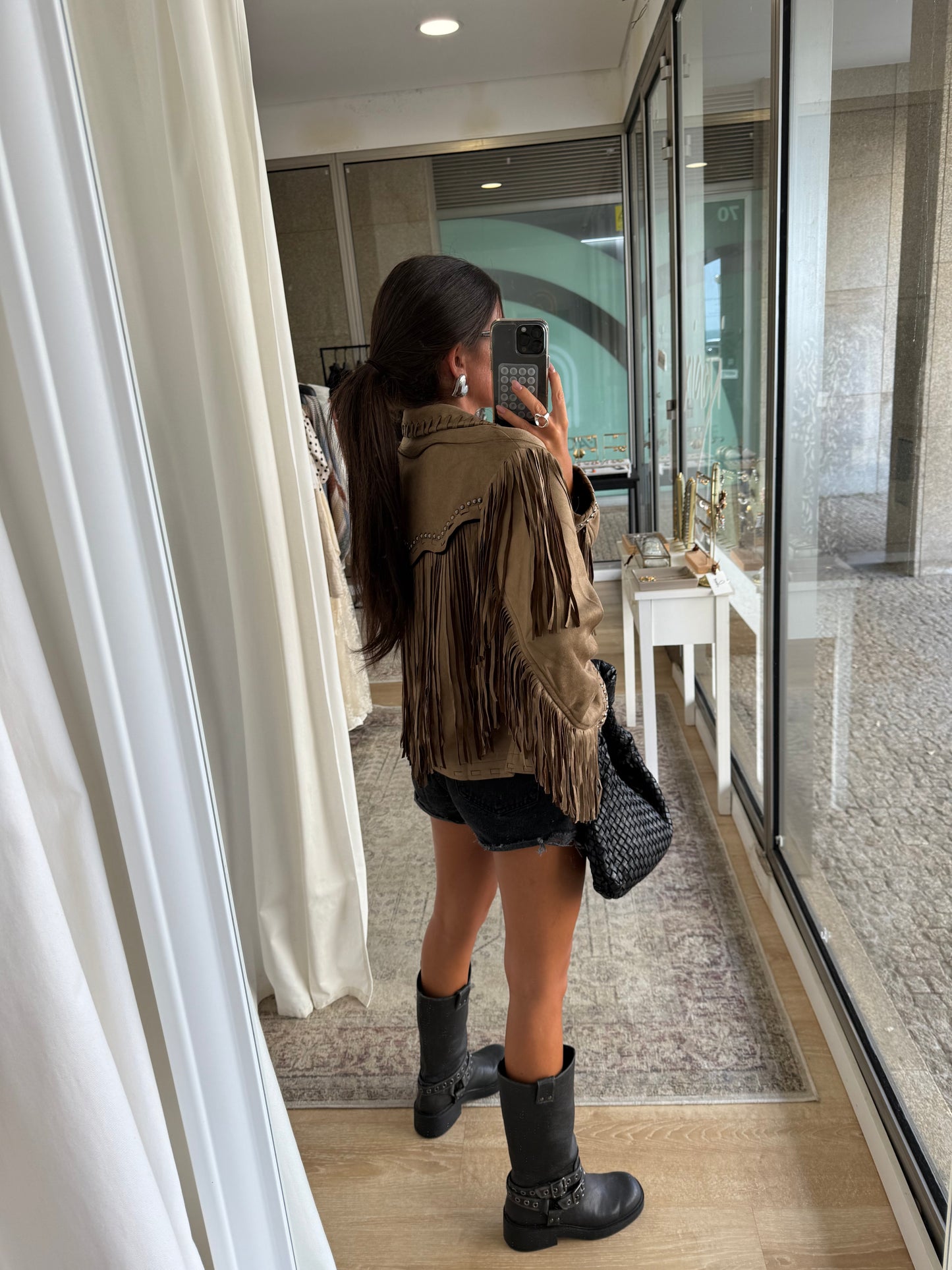 Suede-Effect Jacket with Fringe and Studded Details