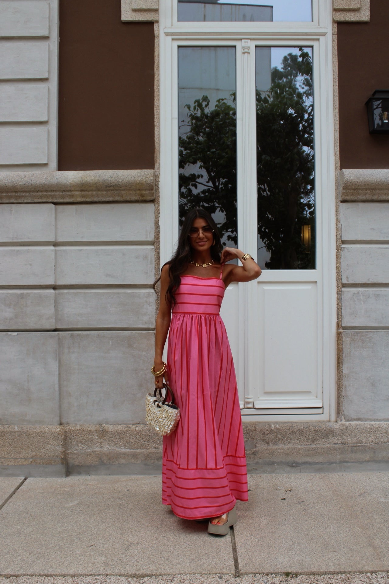 Pink & Red Striped Maxi Dress