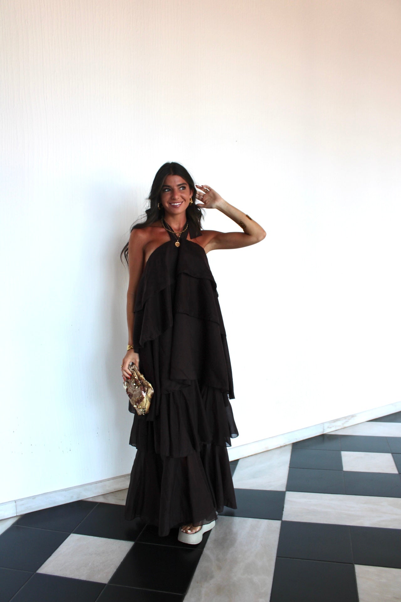 Brown Ruffled Maxi Dress