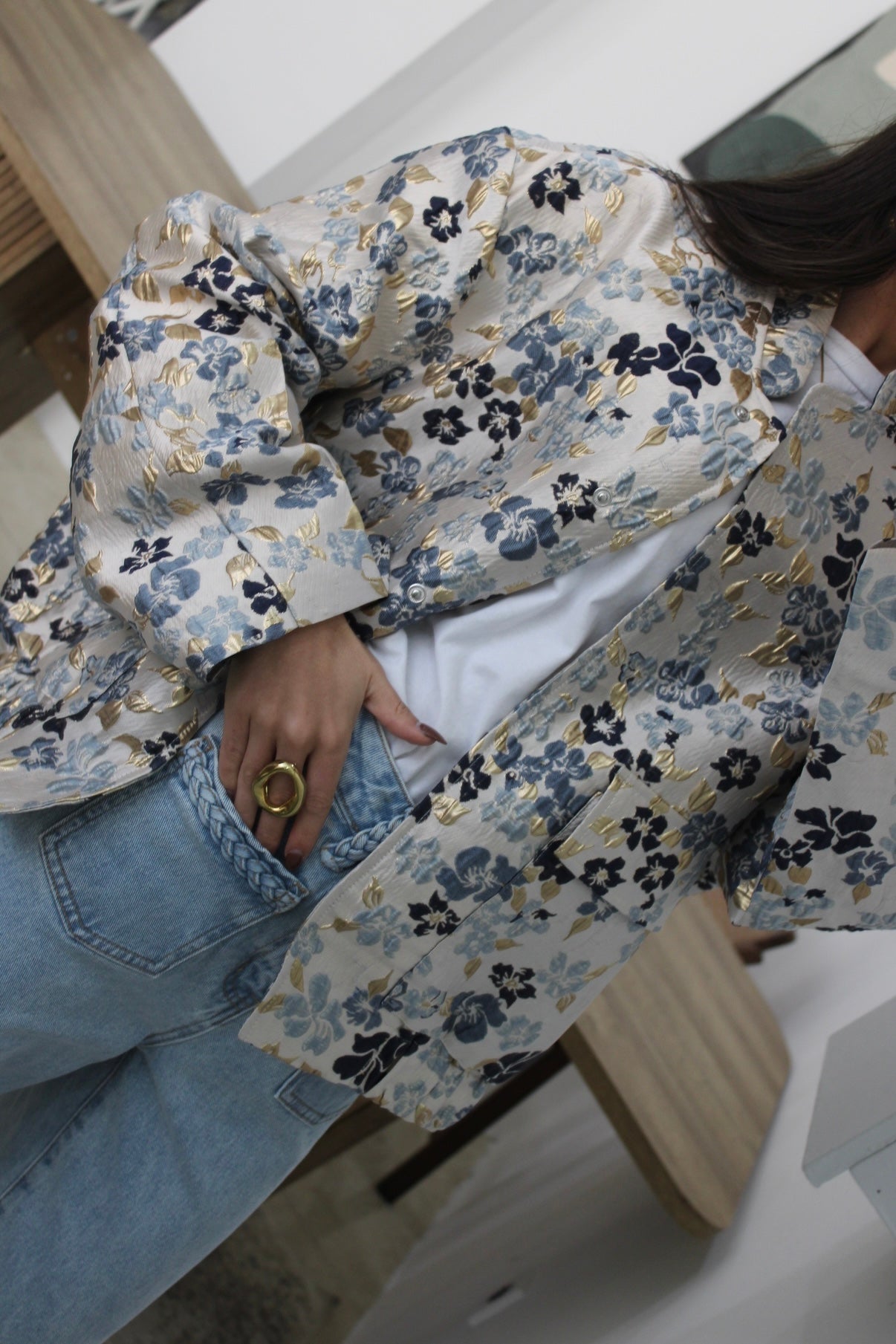 Blue Floral Bomber Jacket with Gold Accents