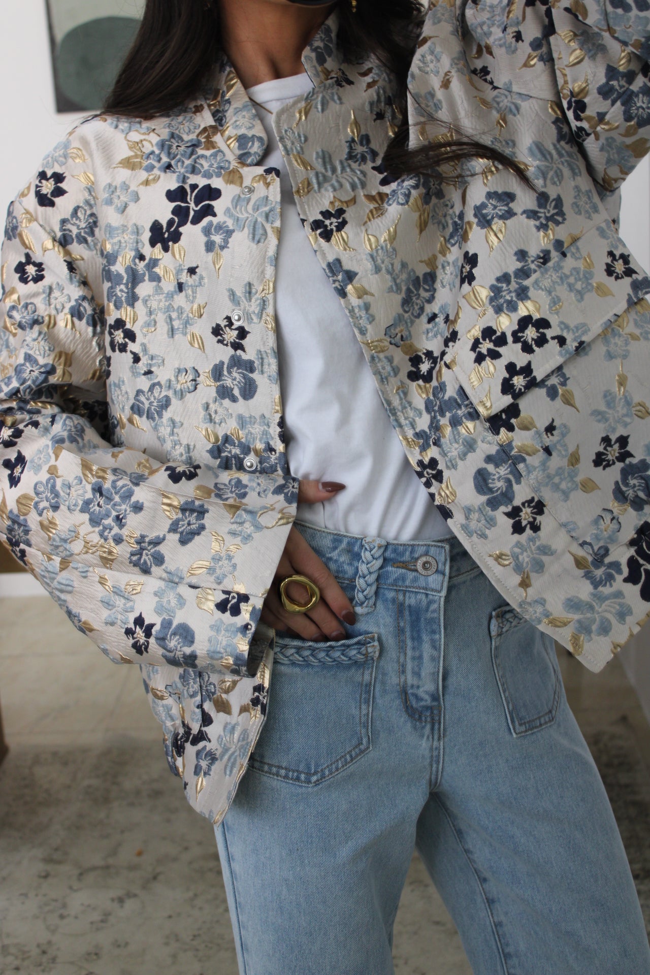 Blue Floral Bomber Jacket with Gold Accents
