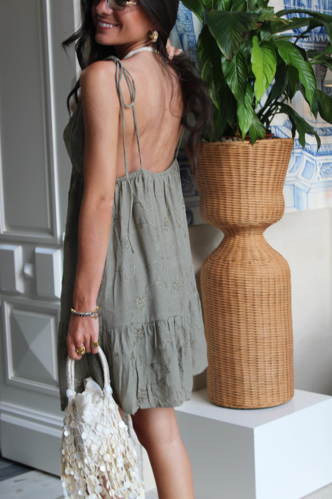 Boho Khaki Embroidered Dress