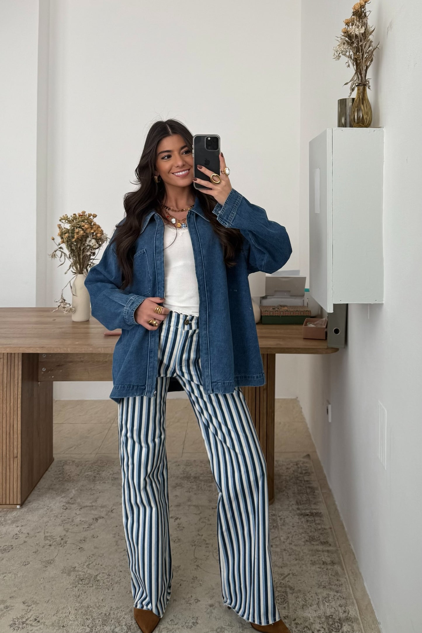 Blue Striped Pants with Front Pockets