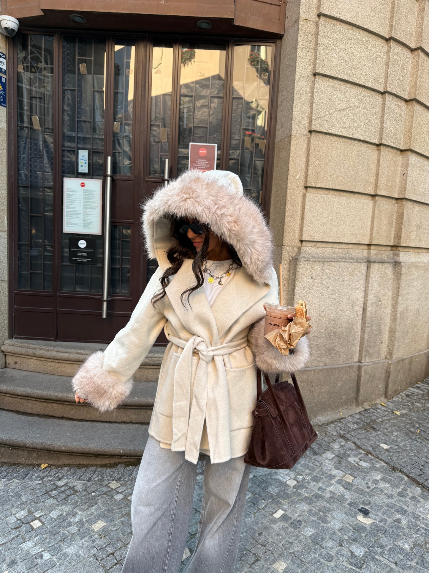Wool Belted Coat with Faux Fur Details