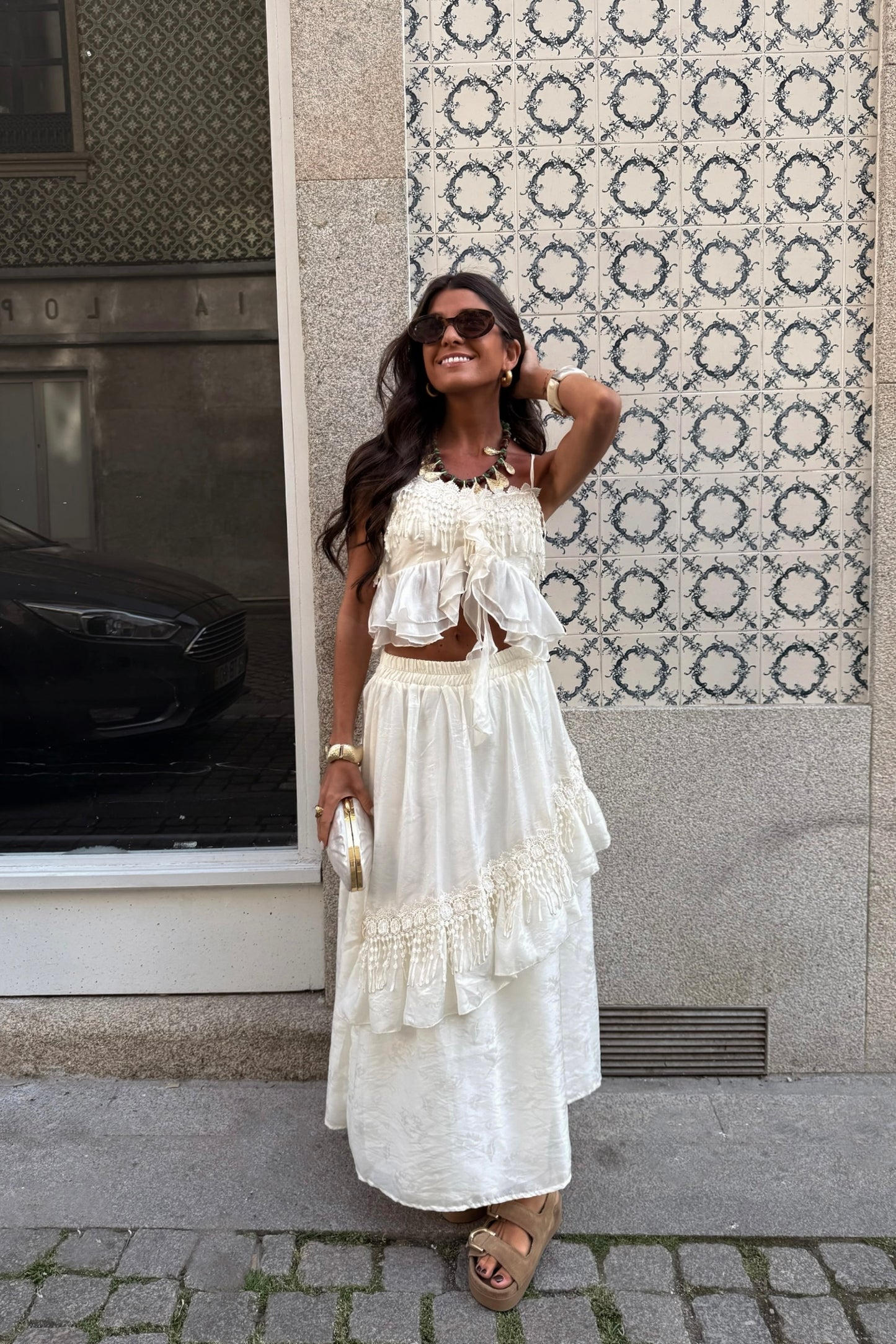 Two-Piece Cream Set: Crop Top and Lined Midi Skirt