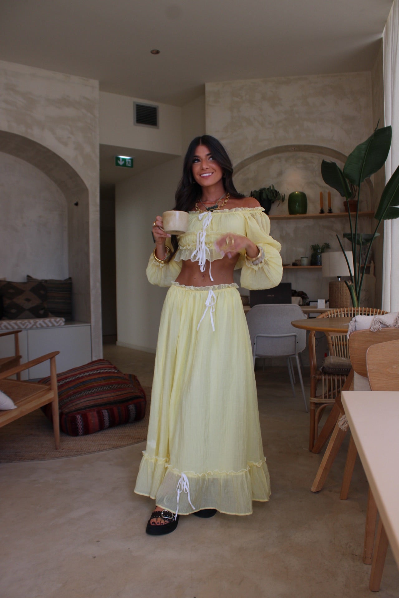 Two-piece Set in Butter Yellow: Crop Top and Lined Maxi Skirt