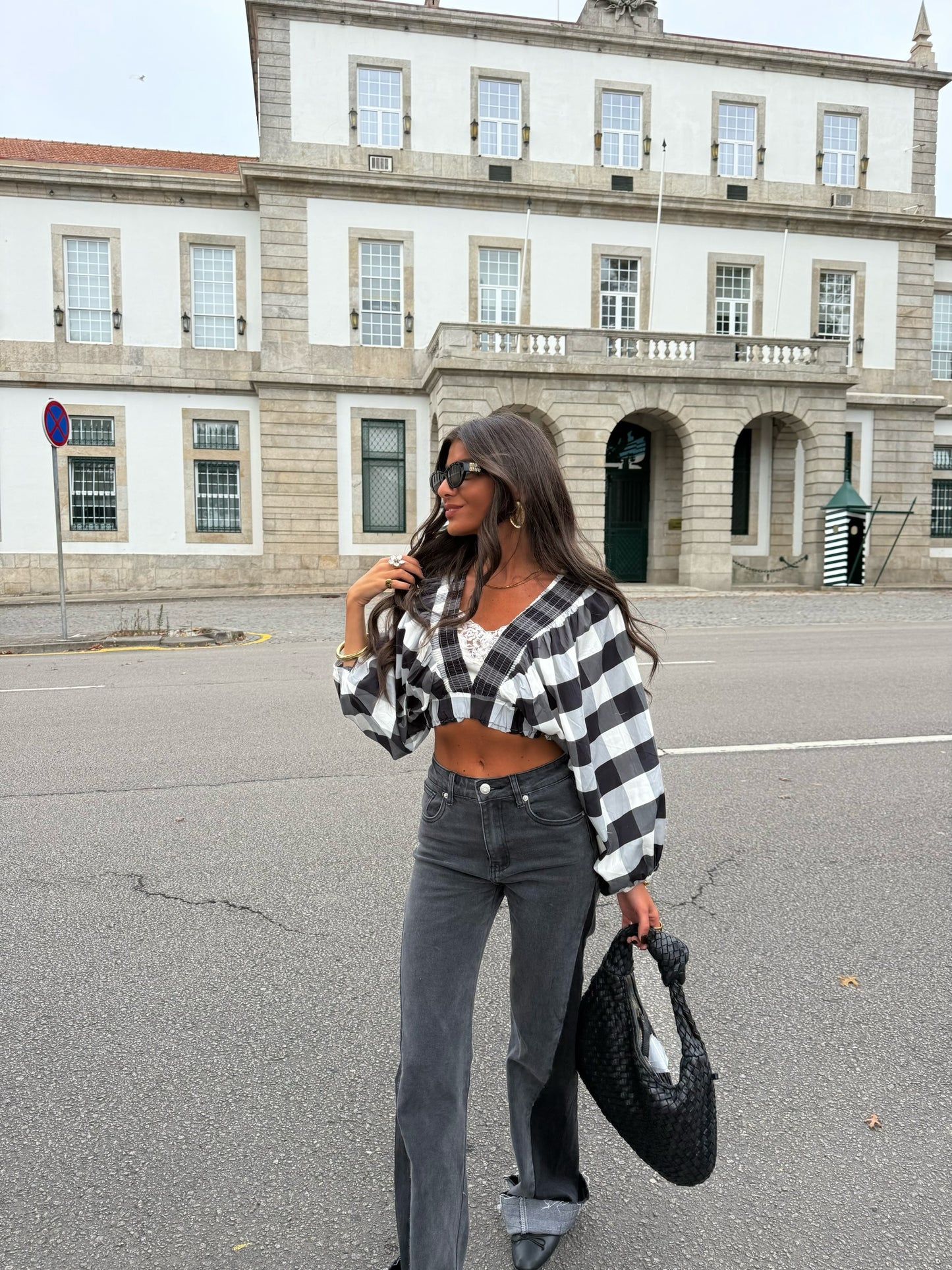 Black & White Vichy Crop Top with Balloon Sleeves