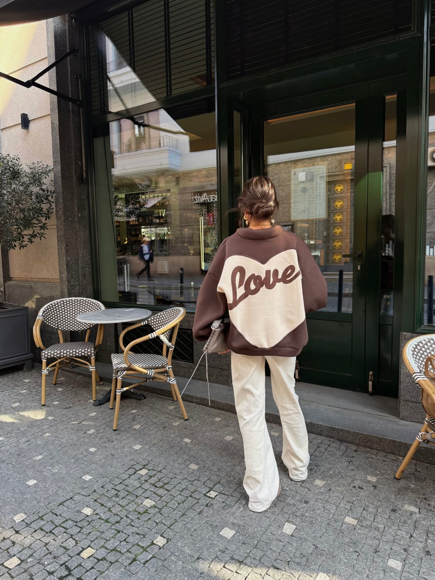 Love Back Bomber Jacket in Brown & Off-White