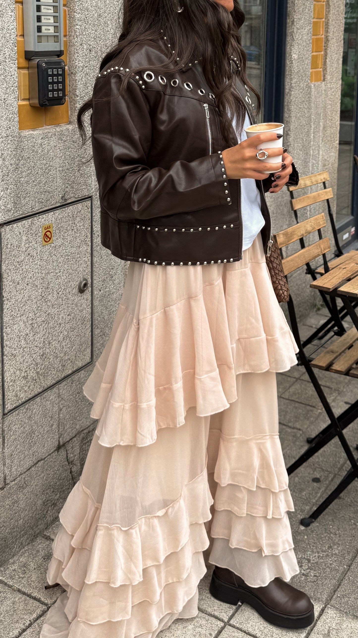Tiered Ruffle Maxi Skirt in Nude