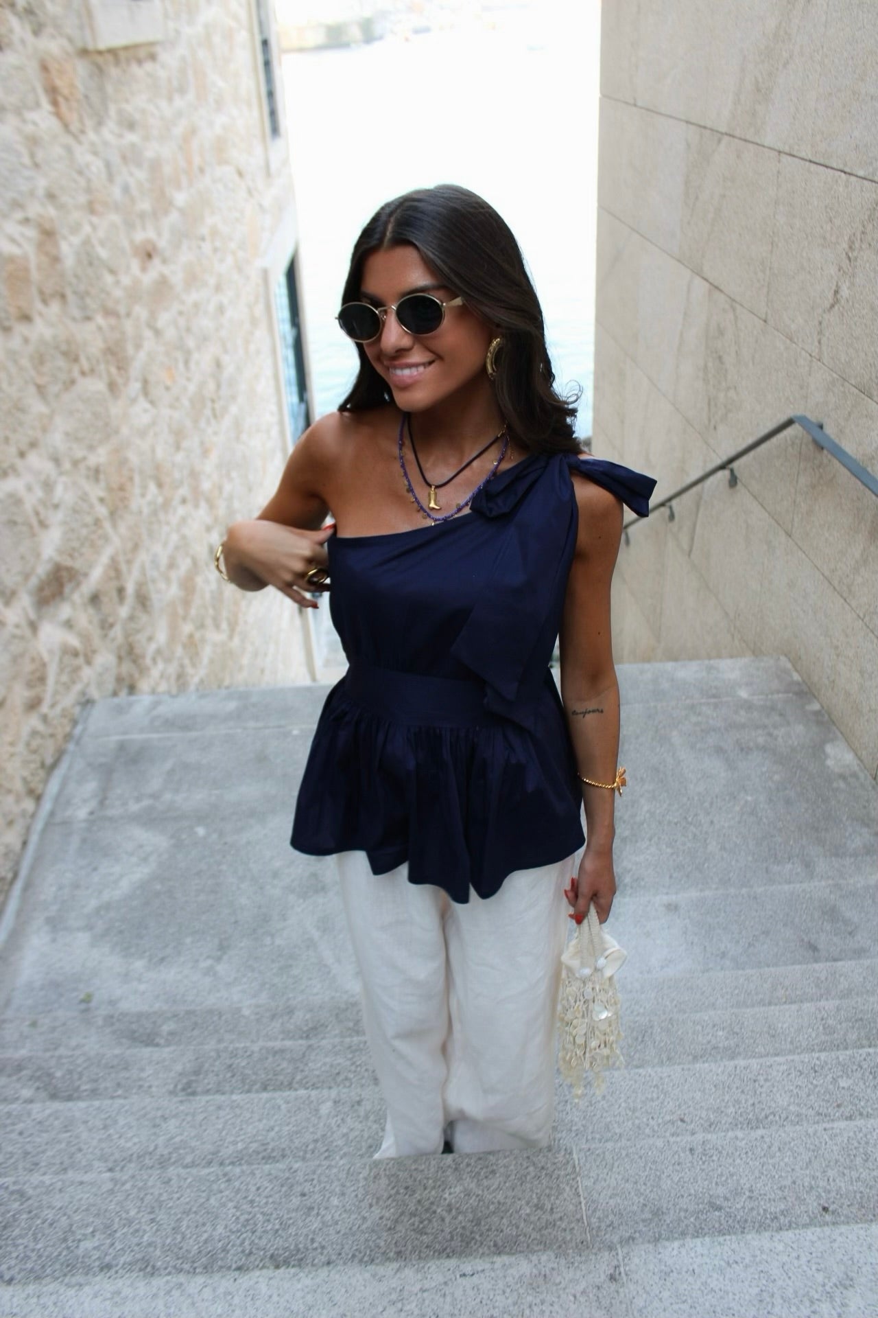 Asymmetrical Navy Top with Tie Detail