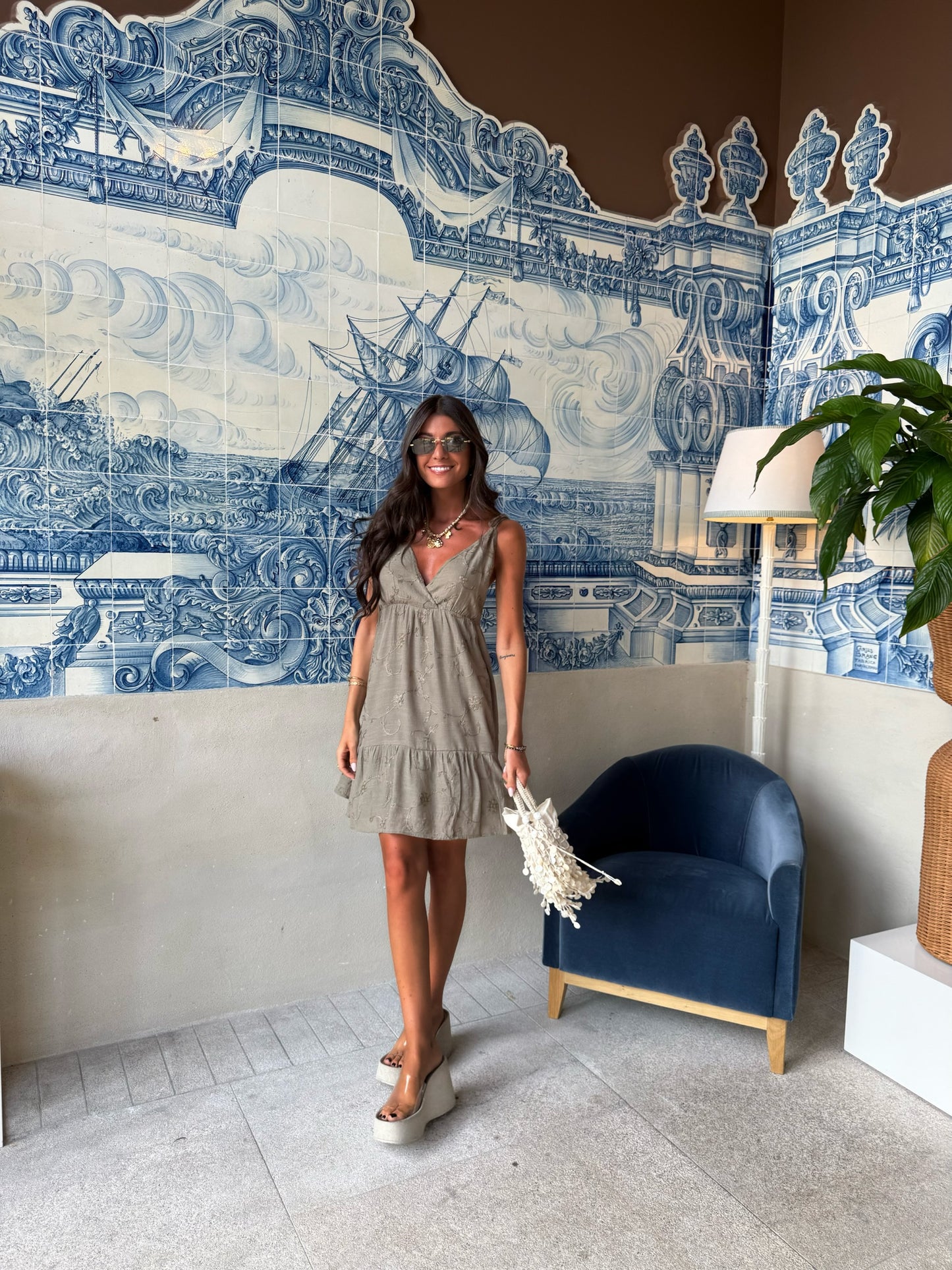 Boho Khaki Embroidered Dress