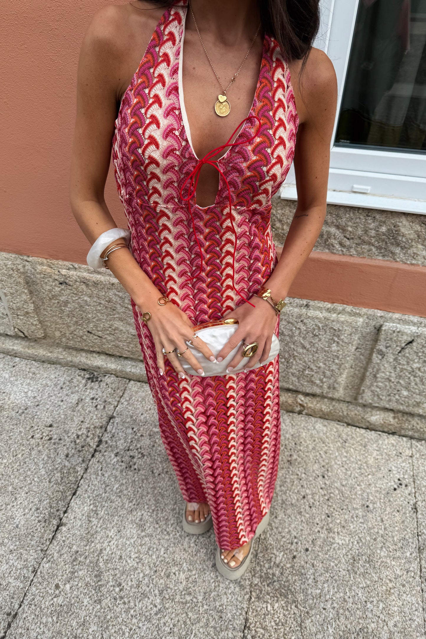 Maxi Crochet Dress in Vibrant Shades of Red and Pink