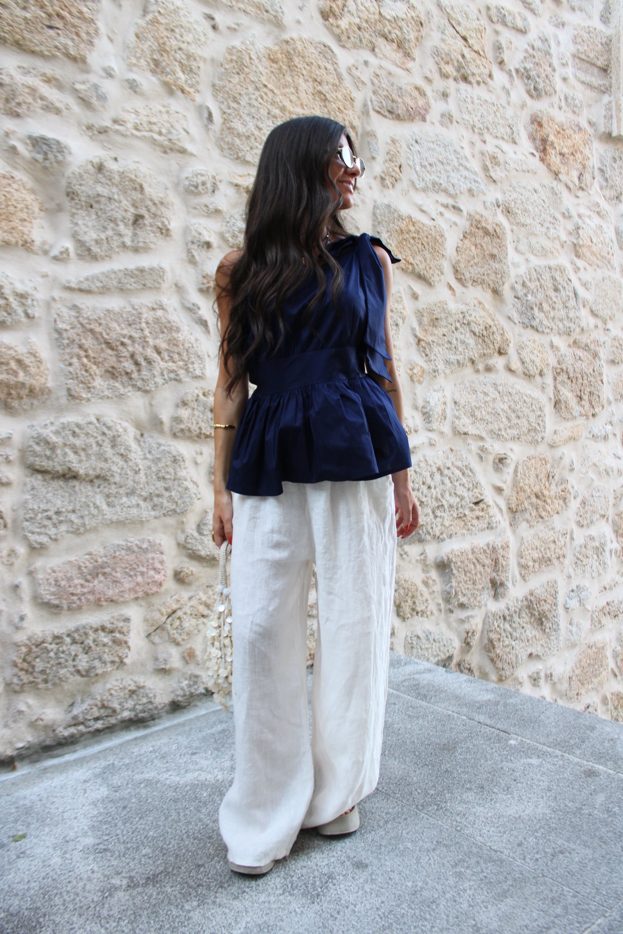 Asymmetrical Navy Top with Tie Detail