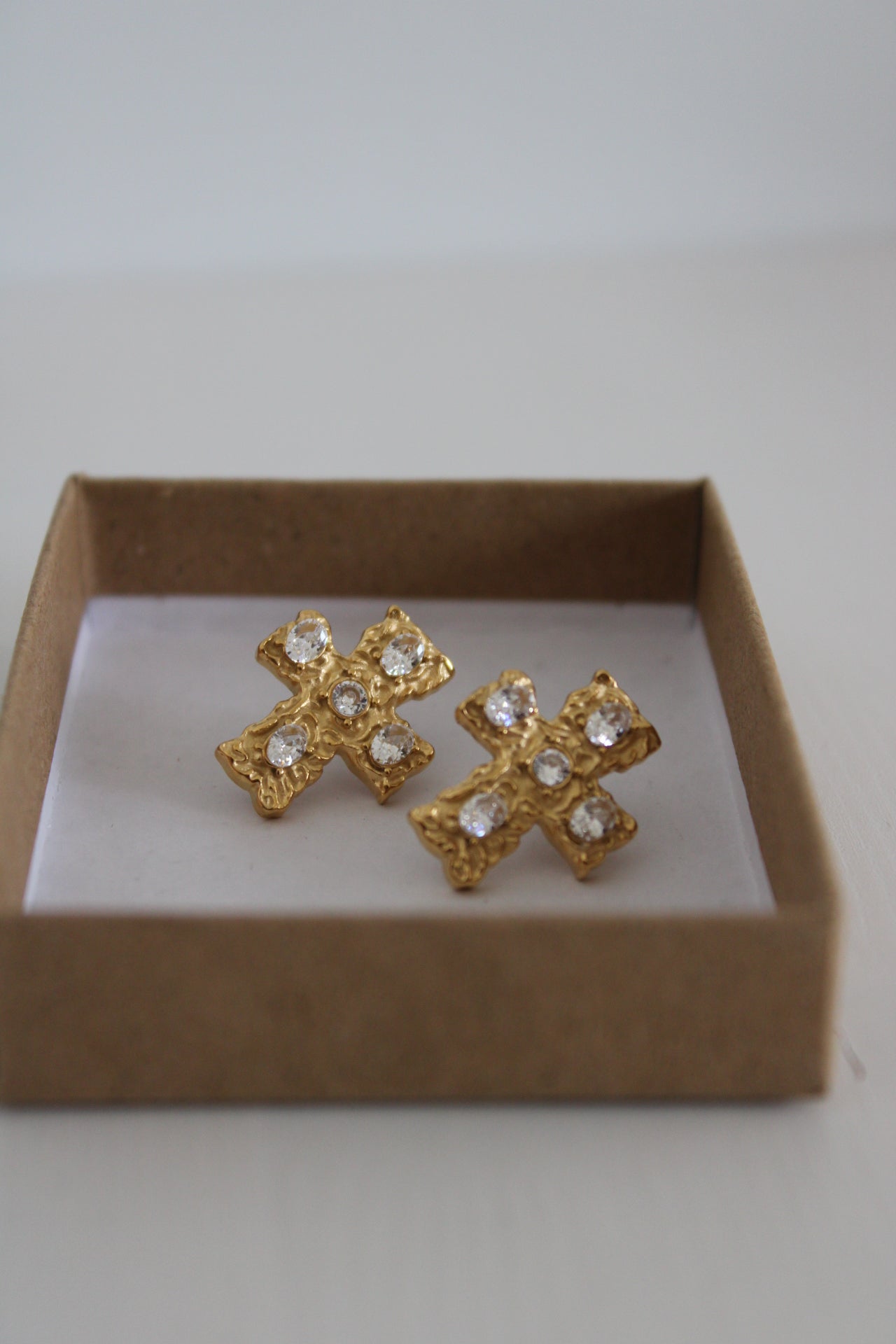 Cross Earrings with Hammered Finish and Zirconia