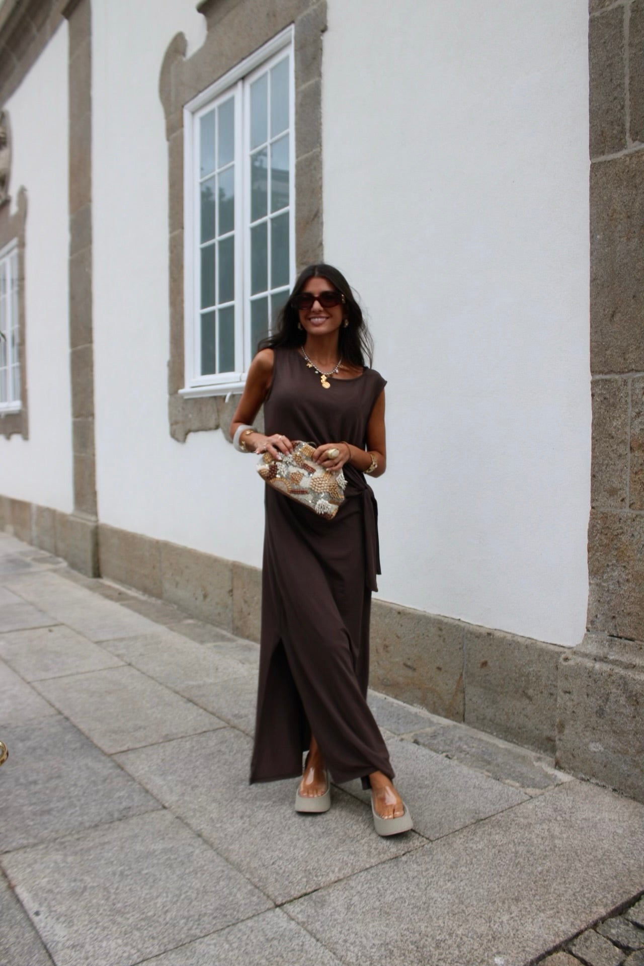 Long Dress with Side Knot in Brown