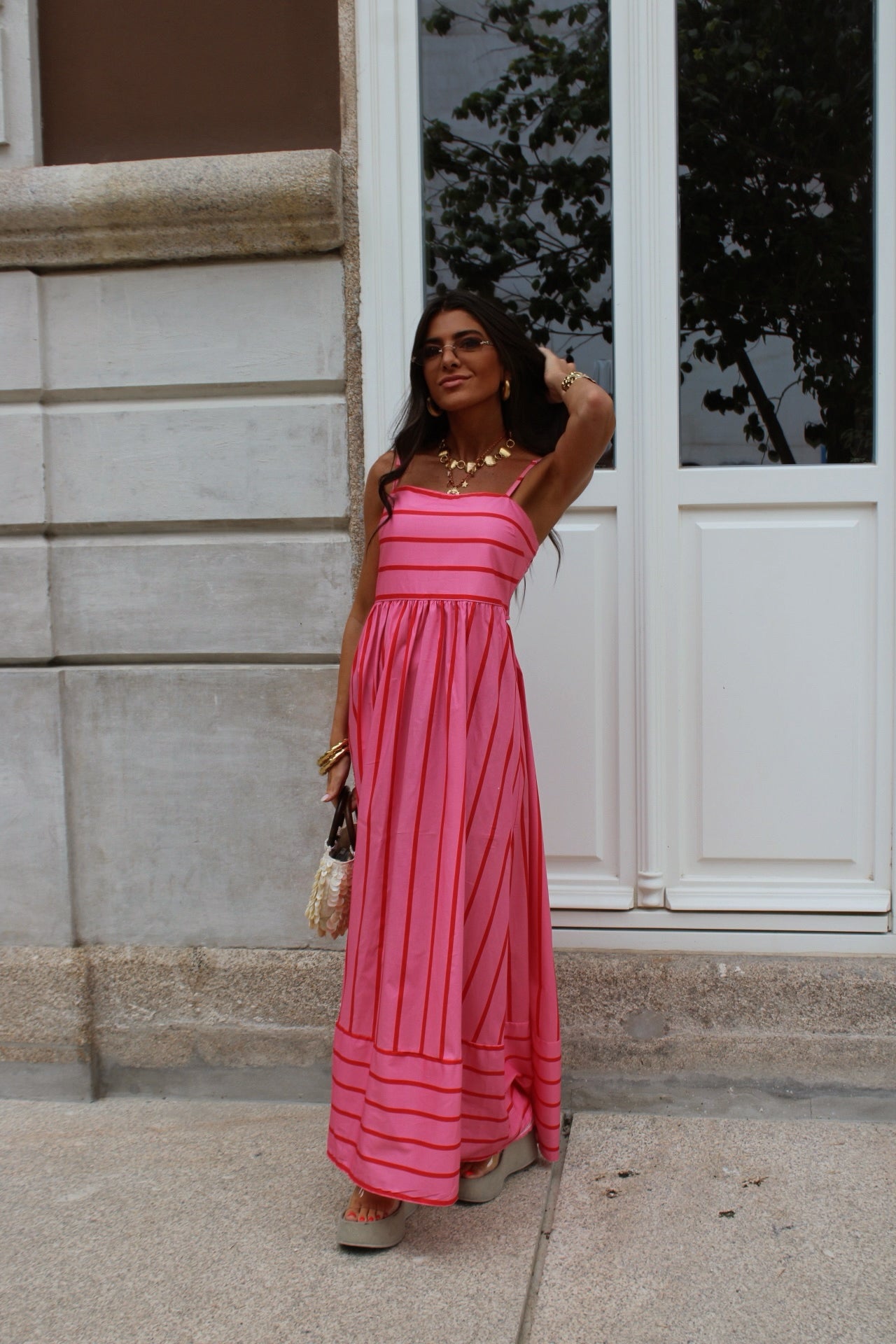 Pink & Red Striped Maxi Dress