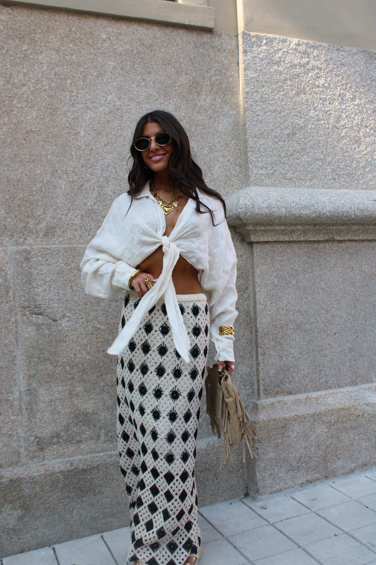 Two-Tone Crochet Maxi Skirt: Beige and Black