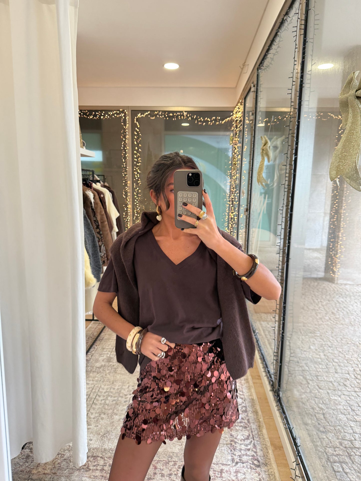 Coffee Brown Sequin Mini Skirt