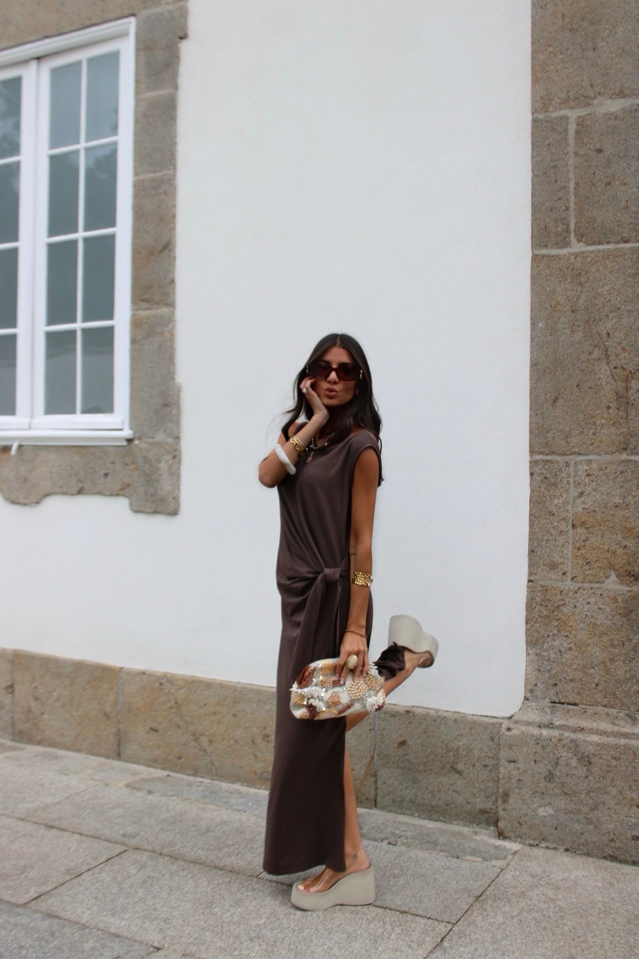 Long Dress with Side Knot in Brown