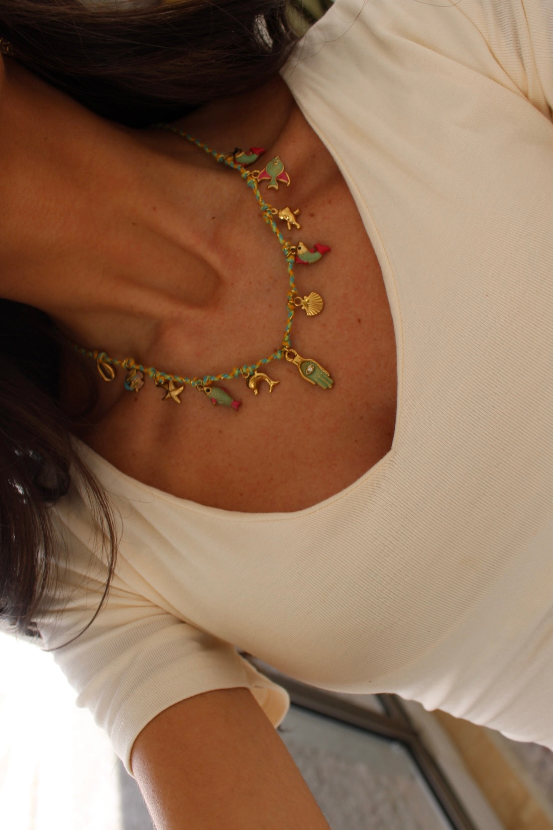 Colored Wire Necklace with Steel Charms