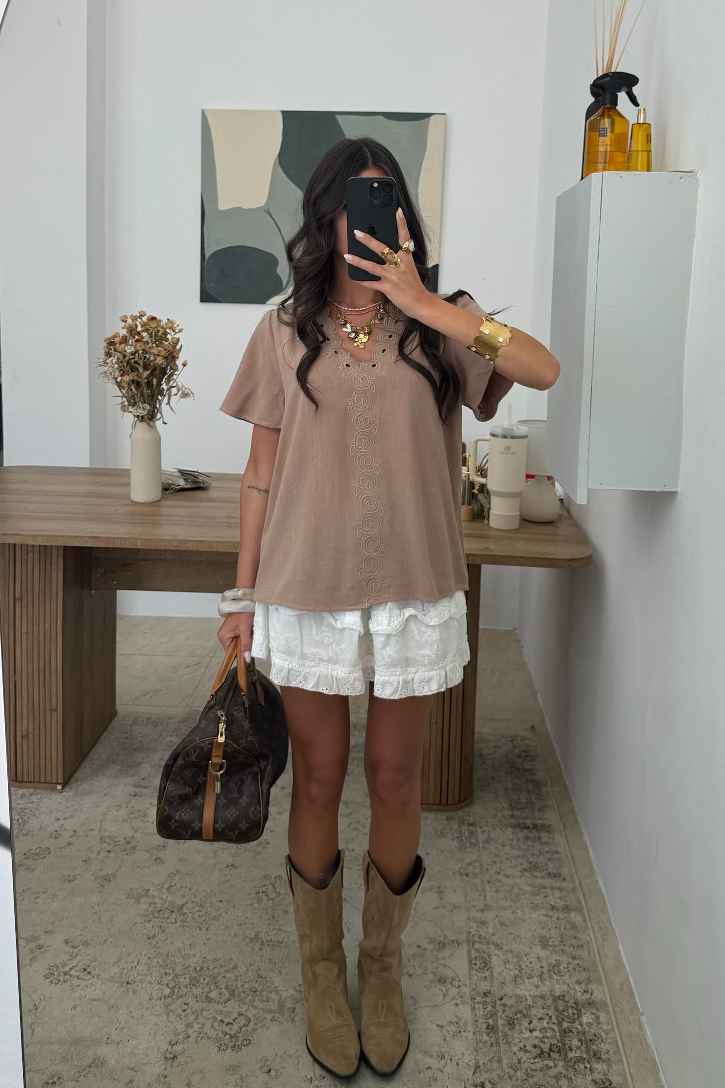T-shirt with Embroidered Details in Taupe