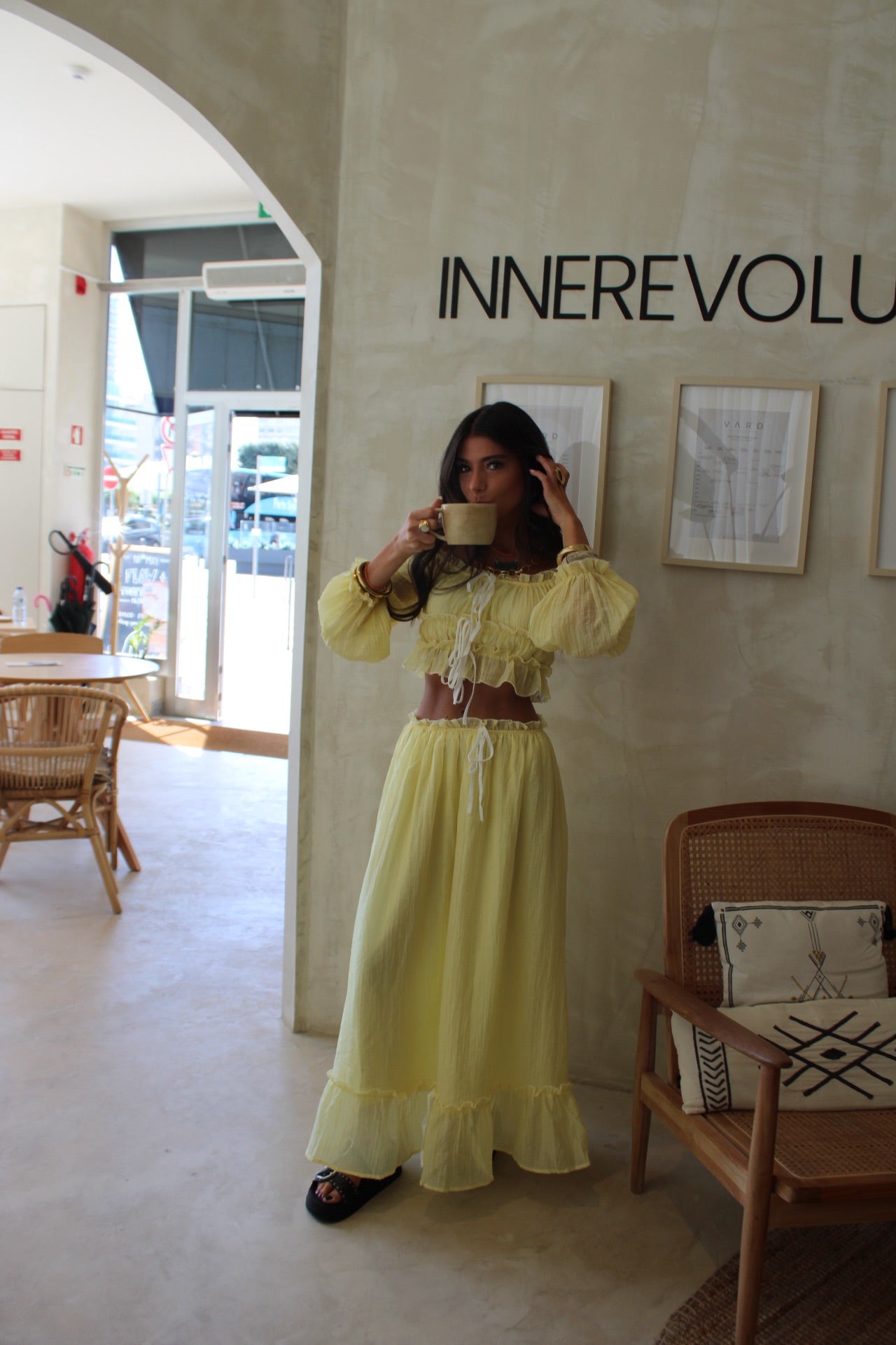 Two-piece Set in Butter Yellow: Crop Top and Lined Maxi Skirt