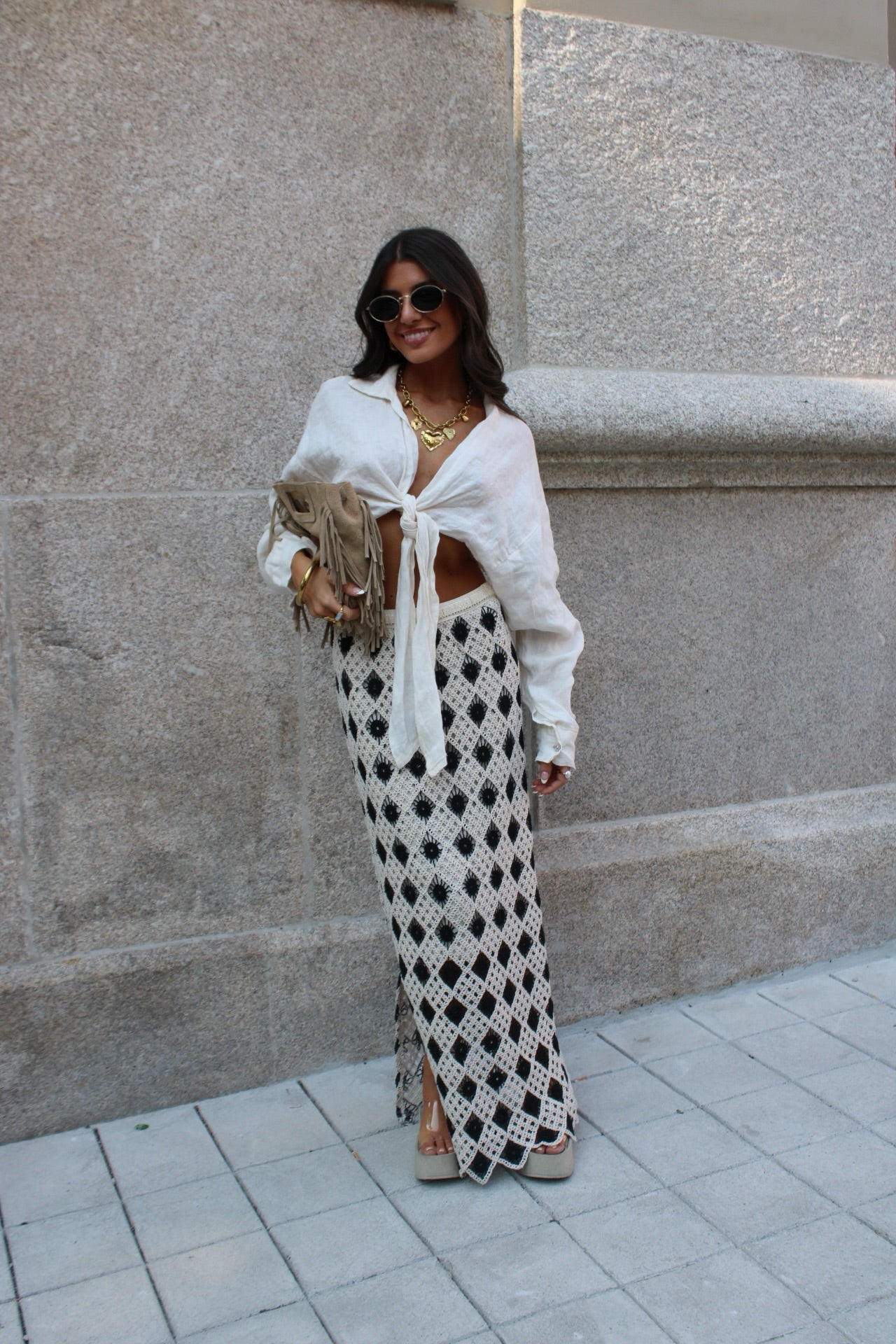 Two-Tone Crochet Maxi Skirt: Beige and Black