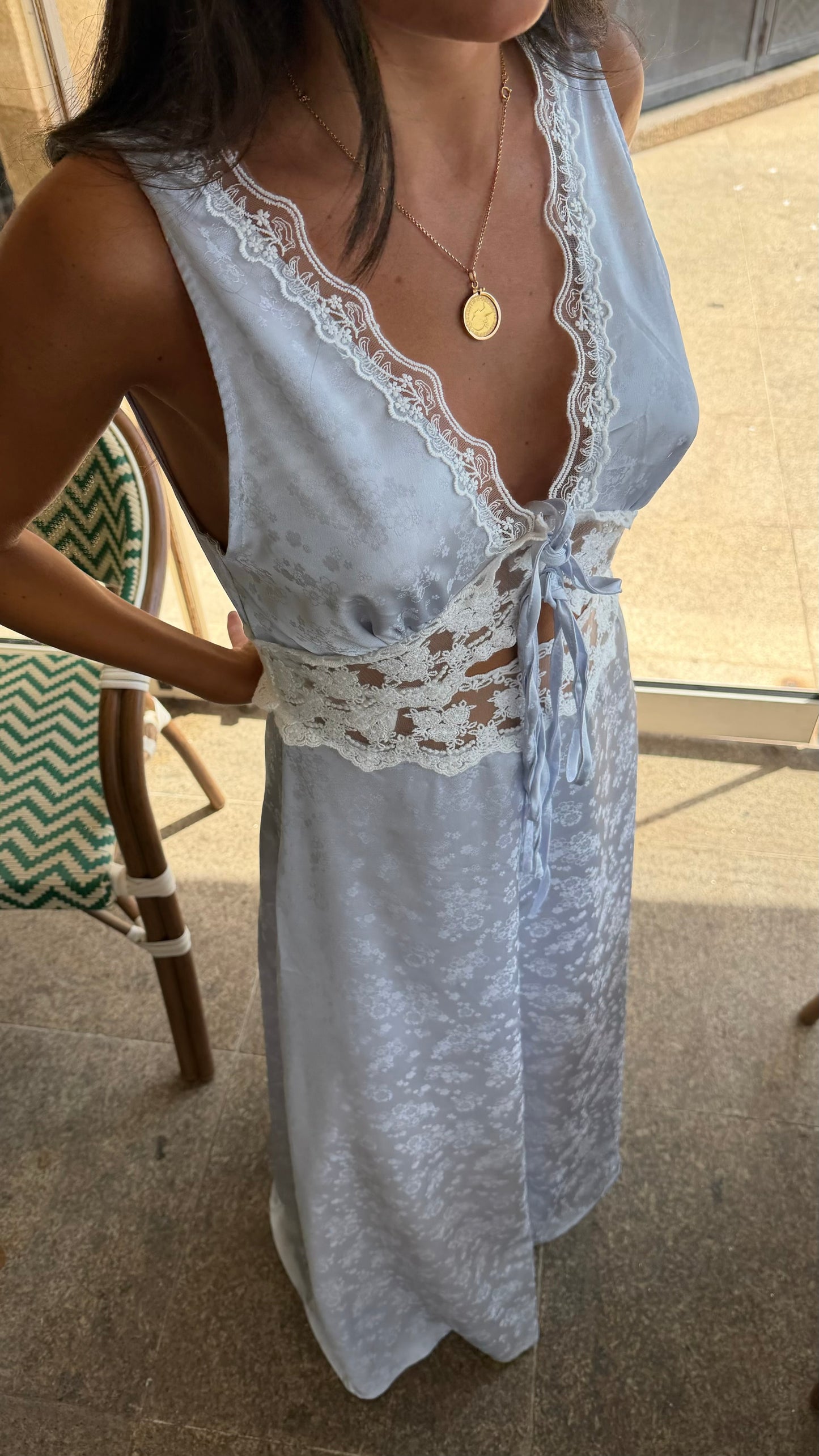 Blue Satin Lace Maxi Dress