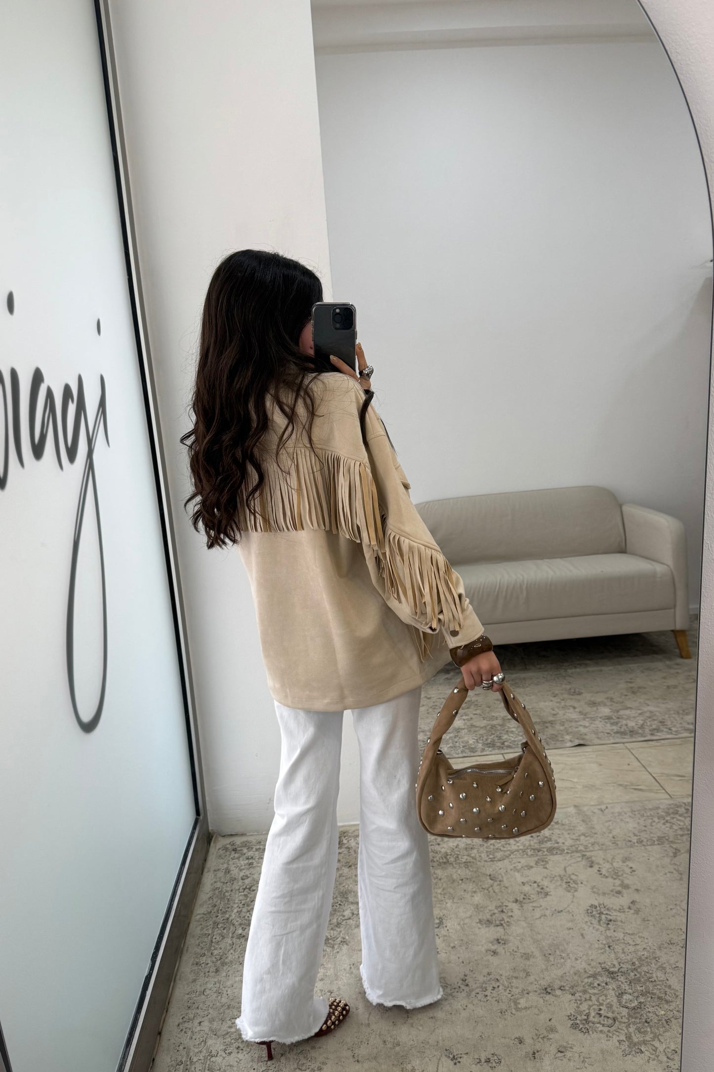 Fringed Suede-Effect Jacket in Off-White