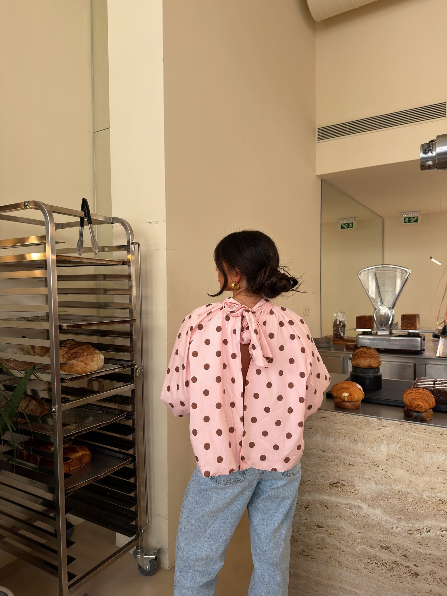Pink Polka Dot Bow Back Blouse