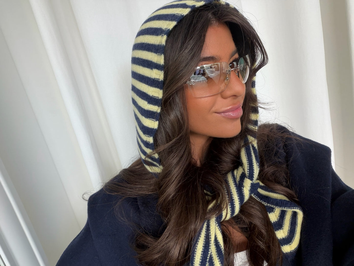 Striped Hooded Knit Scarf in Navy & Butter Yellow