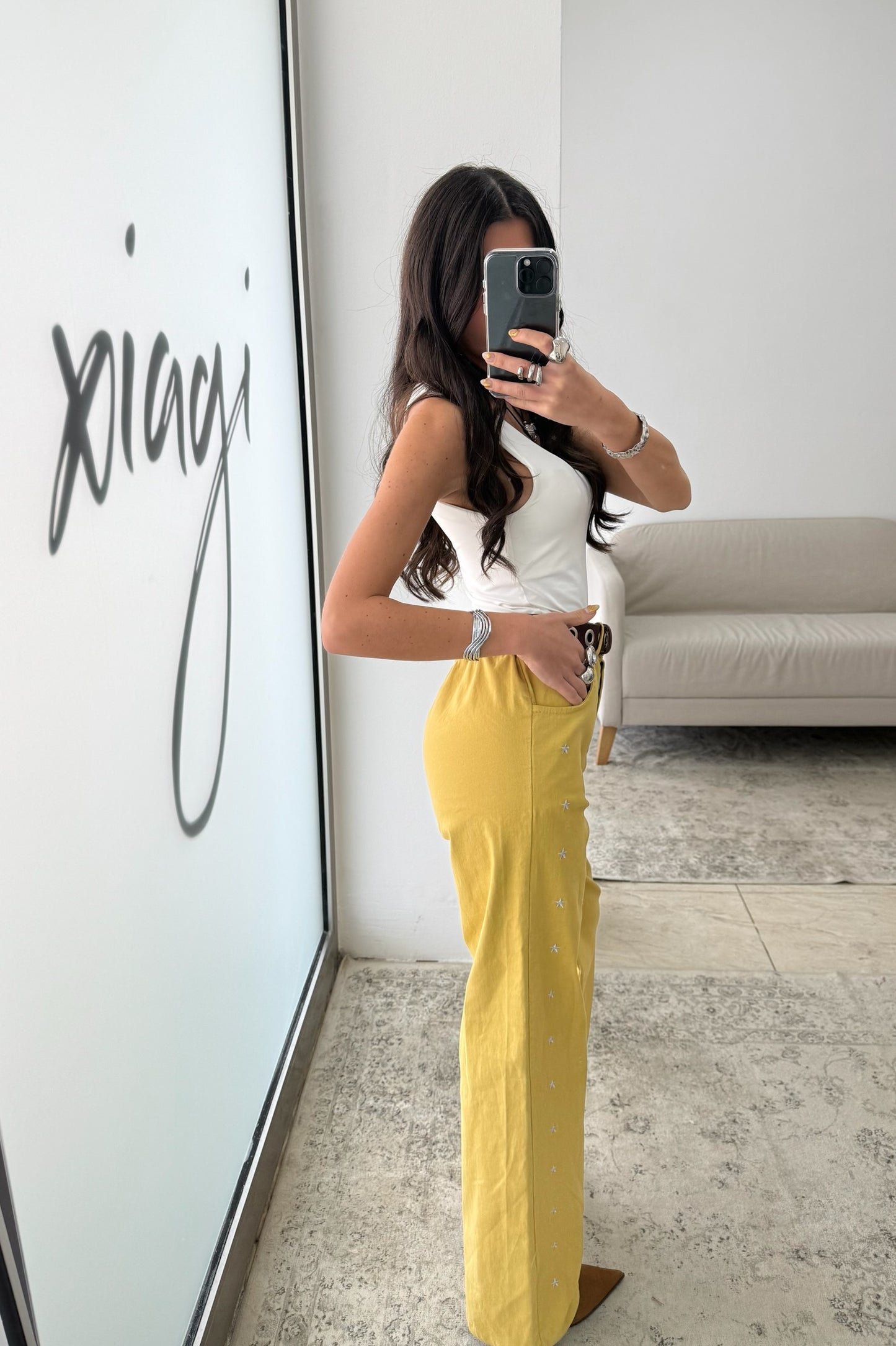 Mustard Jeans with Embroidered Details