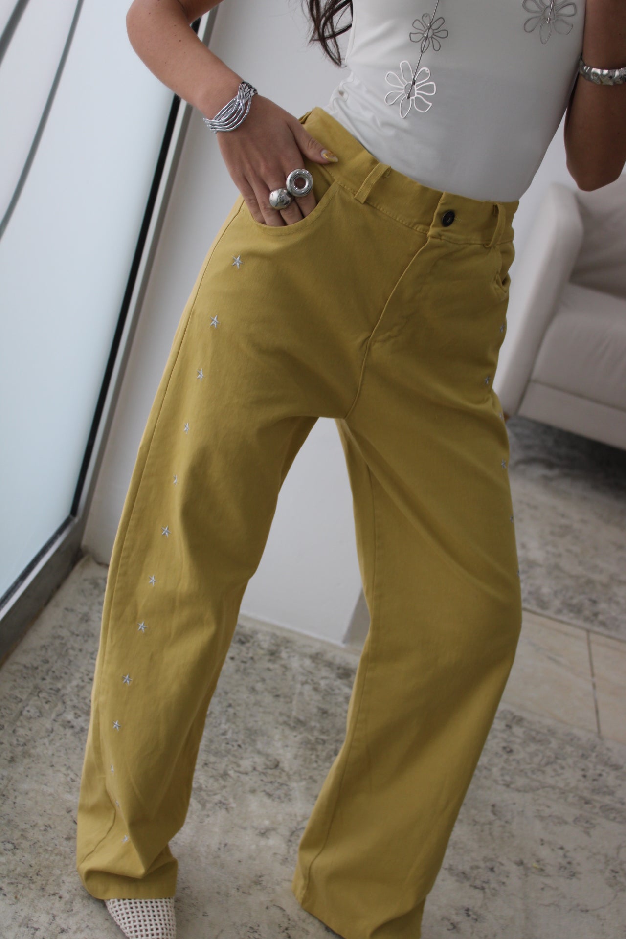 Mustard Jeans with Embroidered Details