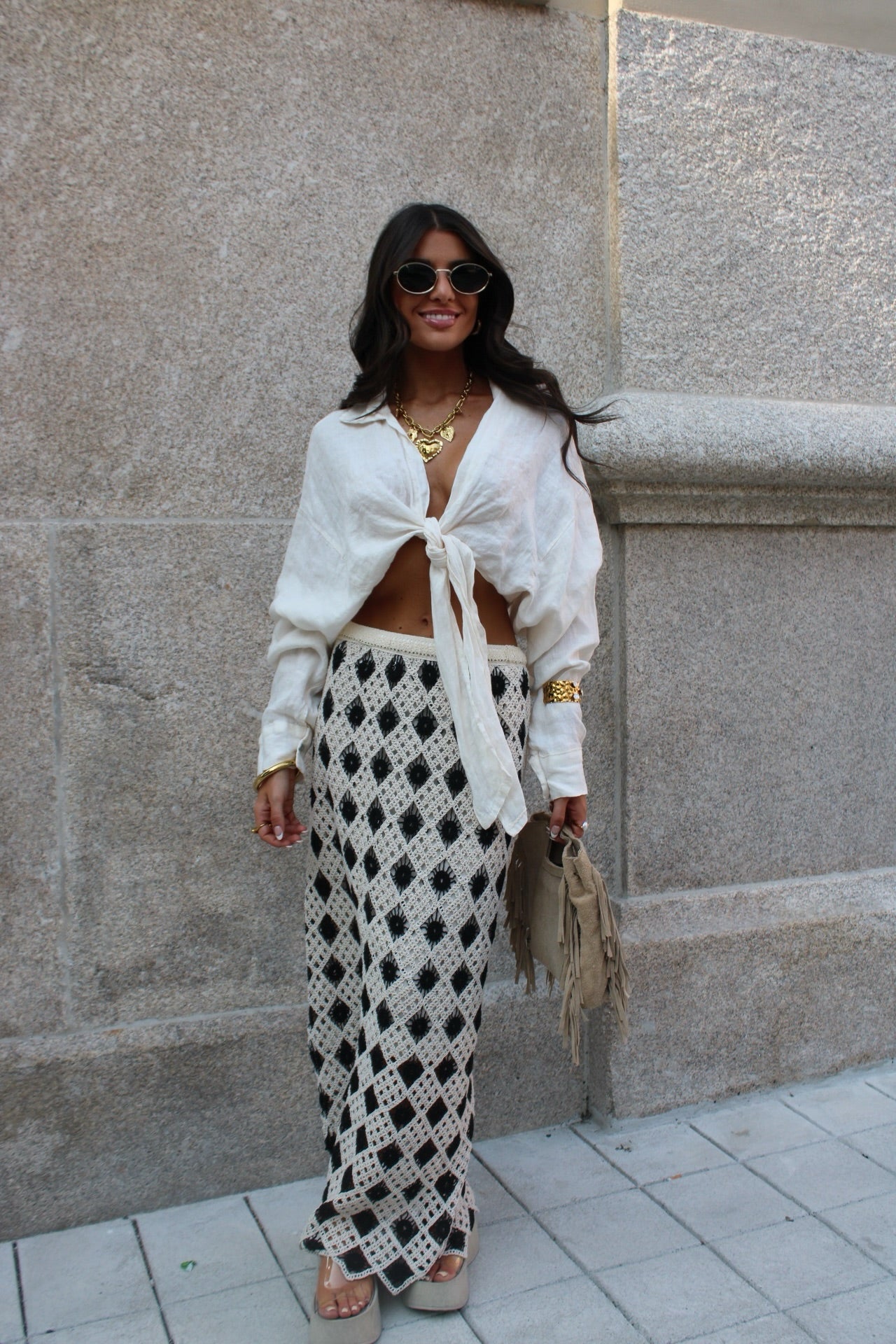 Two-Tone Crochet Maxi Skirt: Beige and Black