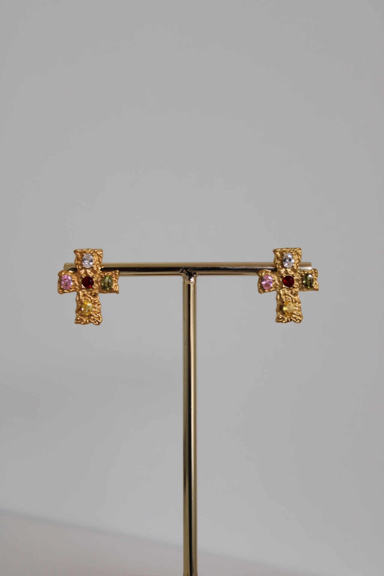 Cross Earrings with Hammered Finish and Zirconia