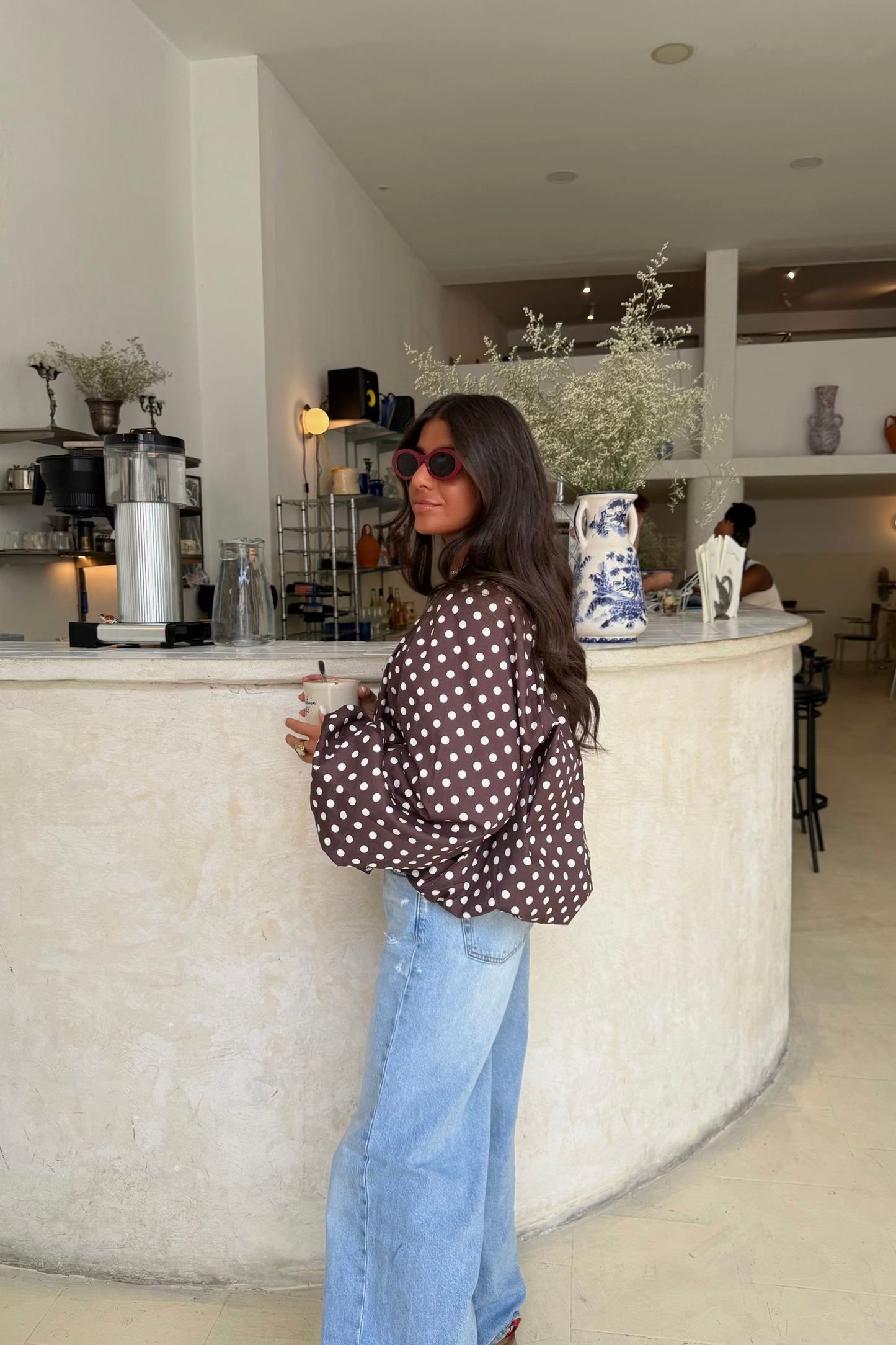 Polka Dot Balloon Blouse in Brown