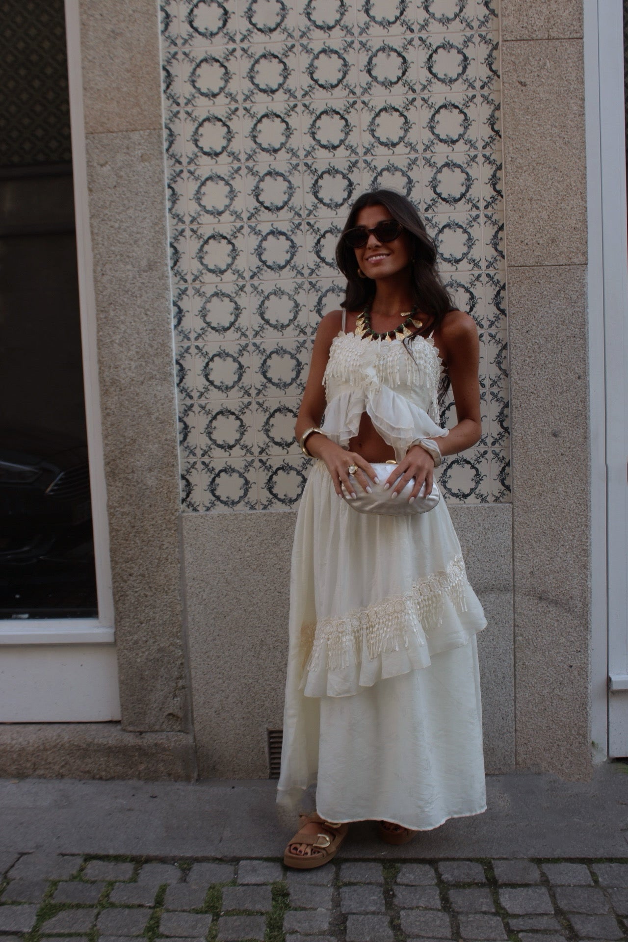 Two-Piece Cream Set: Crop Top and Lined Midi Skirt