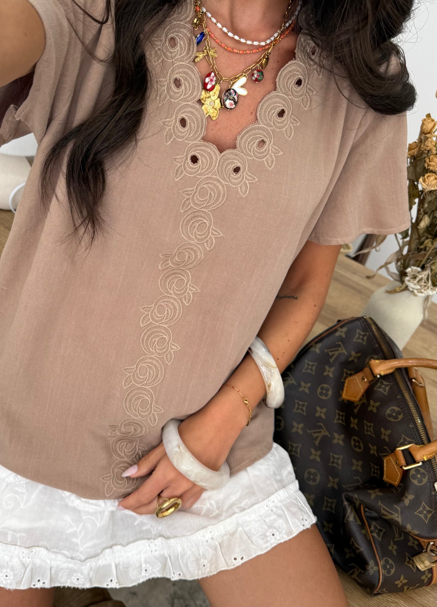 T-shirt with Embroidered Details in Taupe