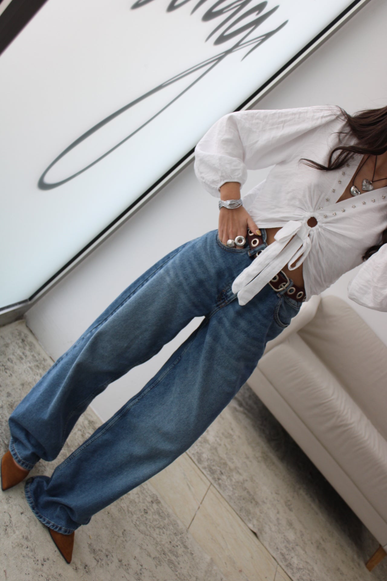 Cropped Top with Star Studs In White