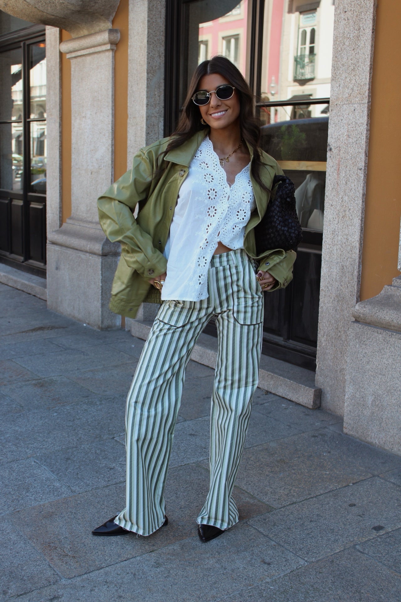 Green Striped Jeans with Front Pockets