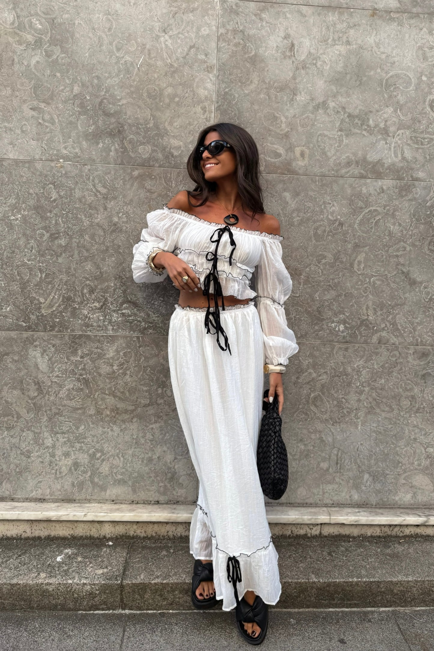 Two-Piece Set in White: Crop Top and Lined Maxi Skirt