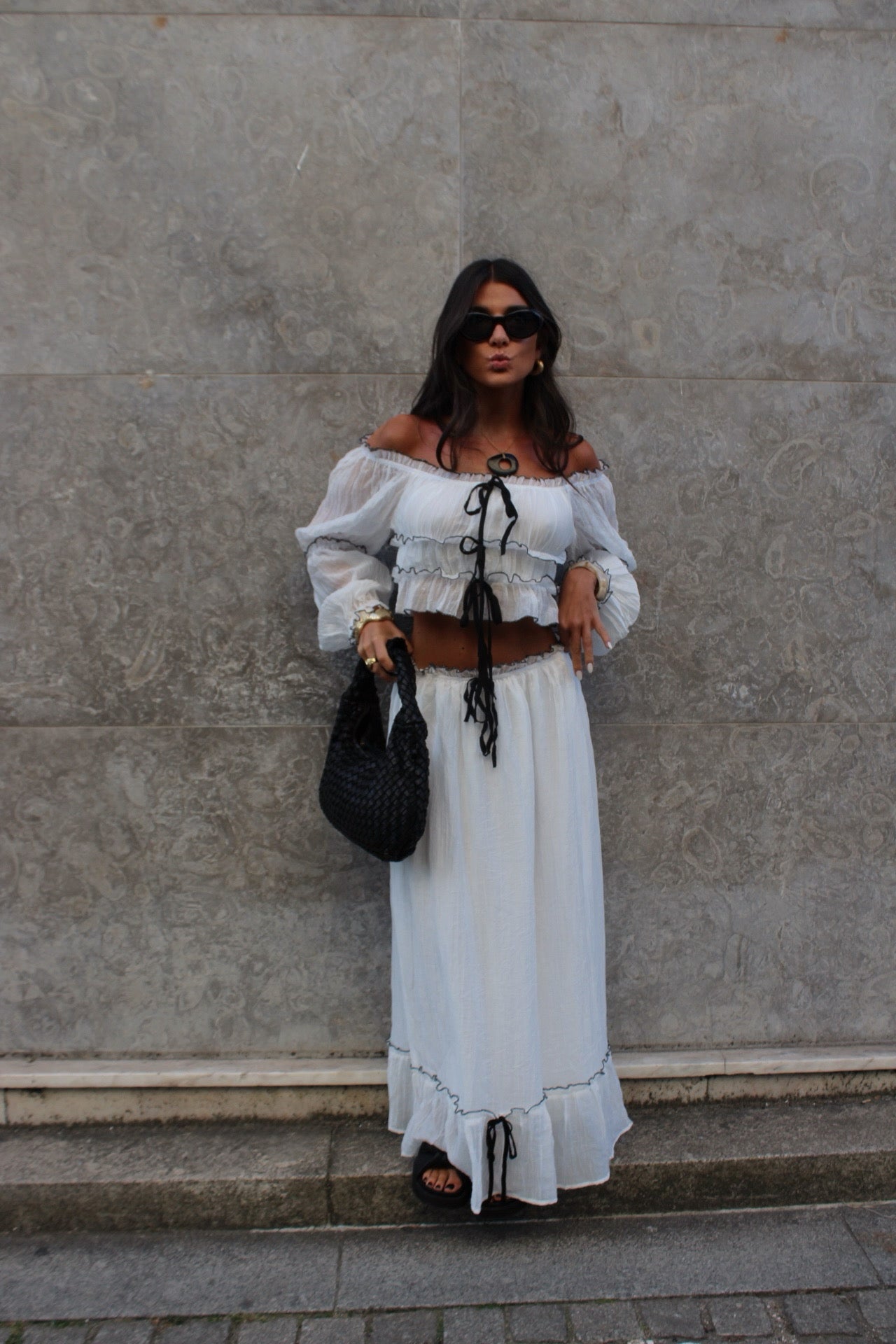 Two-Piece Set in White: Crop Top and Lined Maxi Skirt